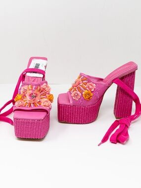NEW Azalea Wang Fiamma Ankle Wrap Platform Woven Mesh Sandal Heels Shoes Pink